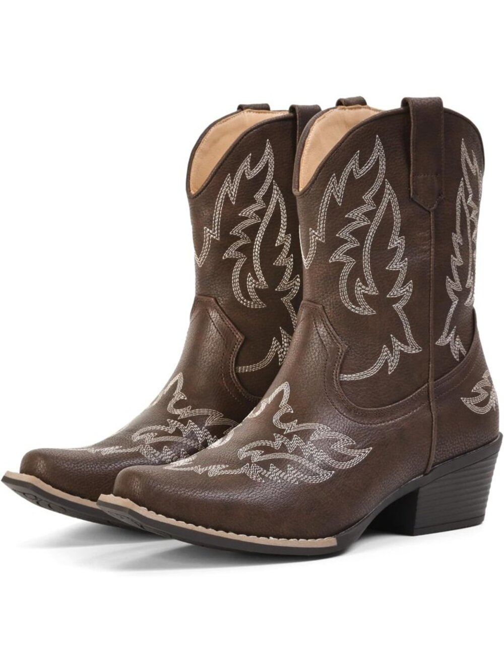 Women's Dark Brown Ankle Cowgirl Boots Mid Calf Snip Toe Chunky Heel Booties